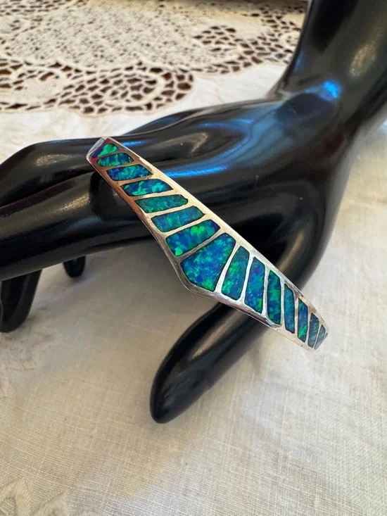 Blue-Green Opal Inlay Sterling Cuff Bracelet - Picture 1 of 10